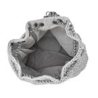 Closeout Buy - Designer Inspired Crystal Pattern Crystal Studded Drawstring Bucket Bag with Tassel Lock & Long Strap  - Silver