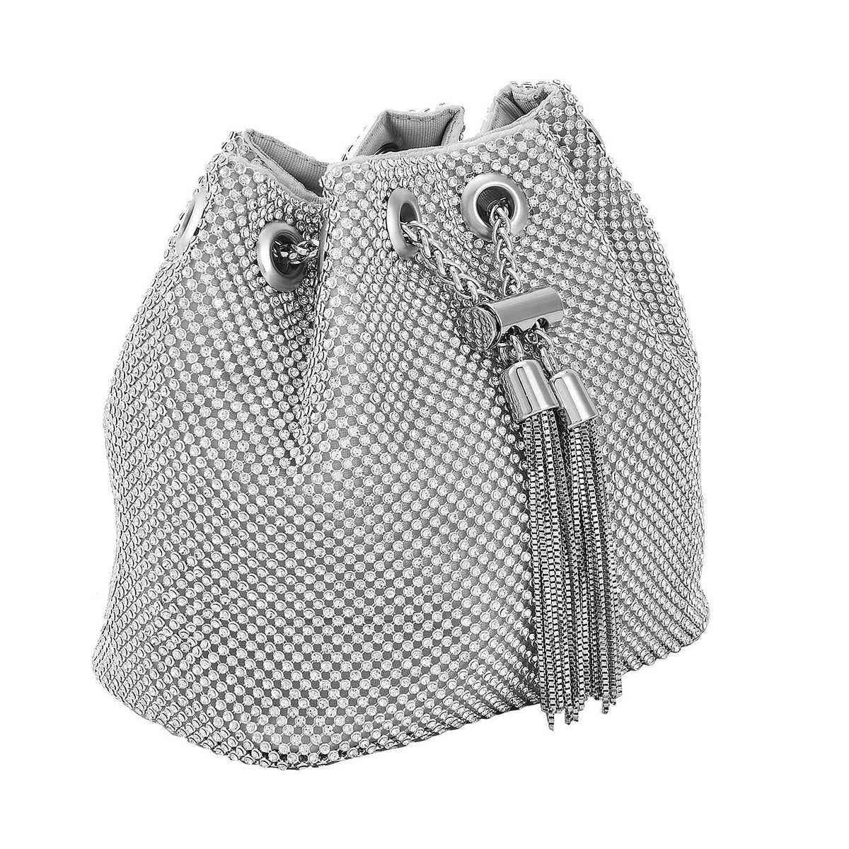 Closeout Buy - Designer Inspired Crystal Pattern Crystal Studded Drawstring Bucket Bag with Tassel Lock &amp; Long Strap  - Silver 7616129 6