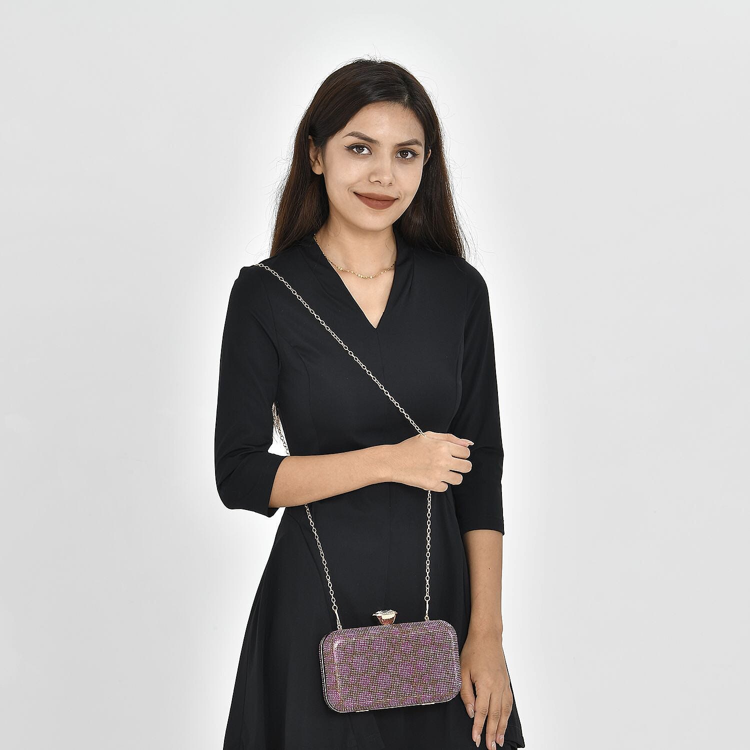 Circle Pattern Iron Clutch with Chain - Coffee and Purple 7063118 2