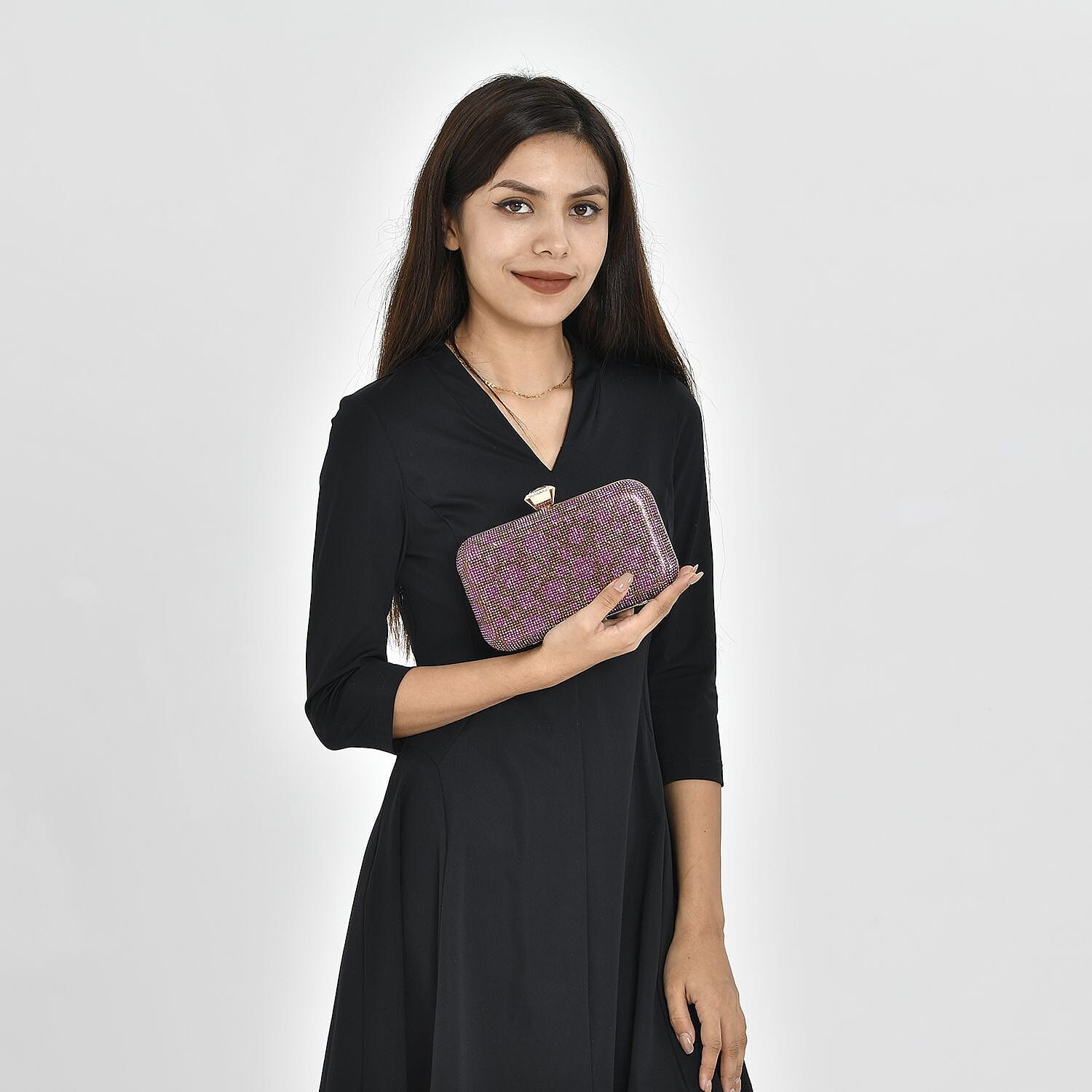 Circle Pattern Iron Clutch with Chain - Coffee and Purple 7063118 3
