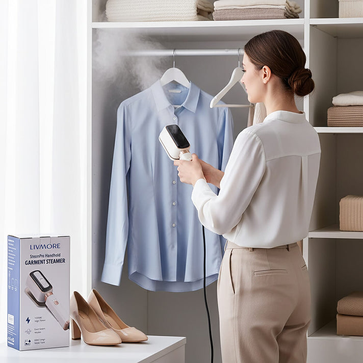 LIVMORE Handheld Garment Steamer (1000W) - 180Degree Rotatable Panel for Vertical &amp; Flat Ironing - 60ML Transparent Water Tank - Beige 8416286 2