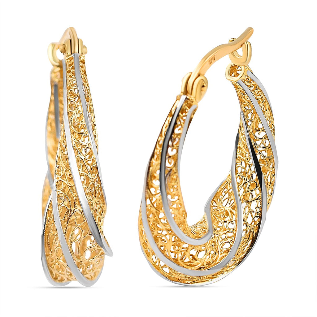 Italian Made One Time Closeout- 9K White and Yellow Gold Hoop Earrings (With Clasp)