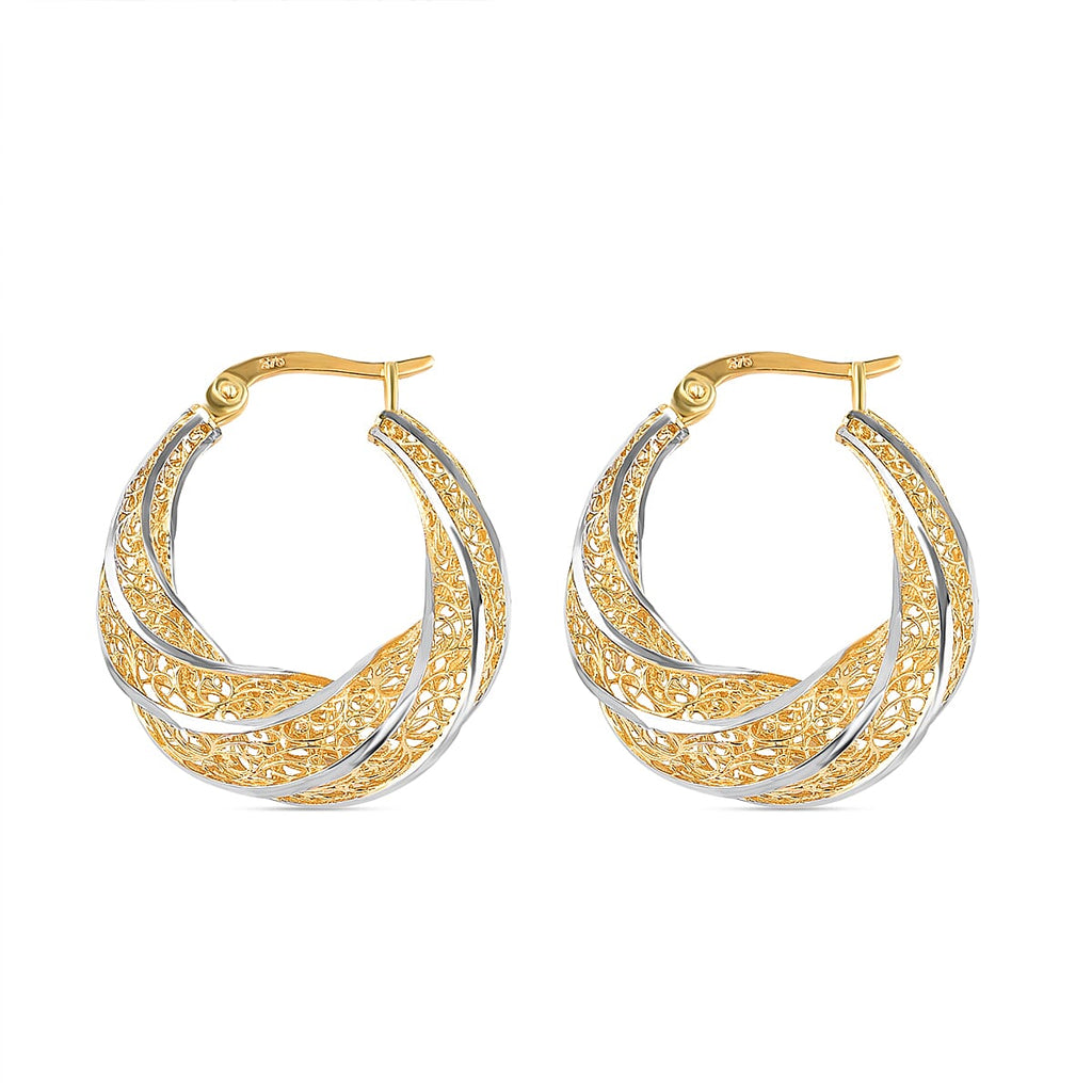 Italian Made One Time Closeout- 9K White and Yellow Gold Hoop Earrings (With Clasp)
