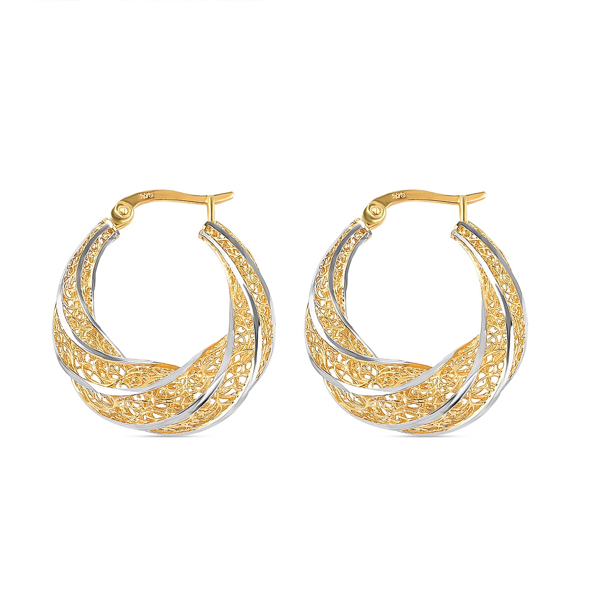 Italian Made One Time Closeout- 9K White and Yellow Gold Hoop Earrings (With Clasp) 8894520 3