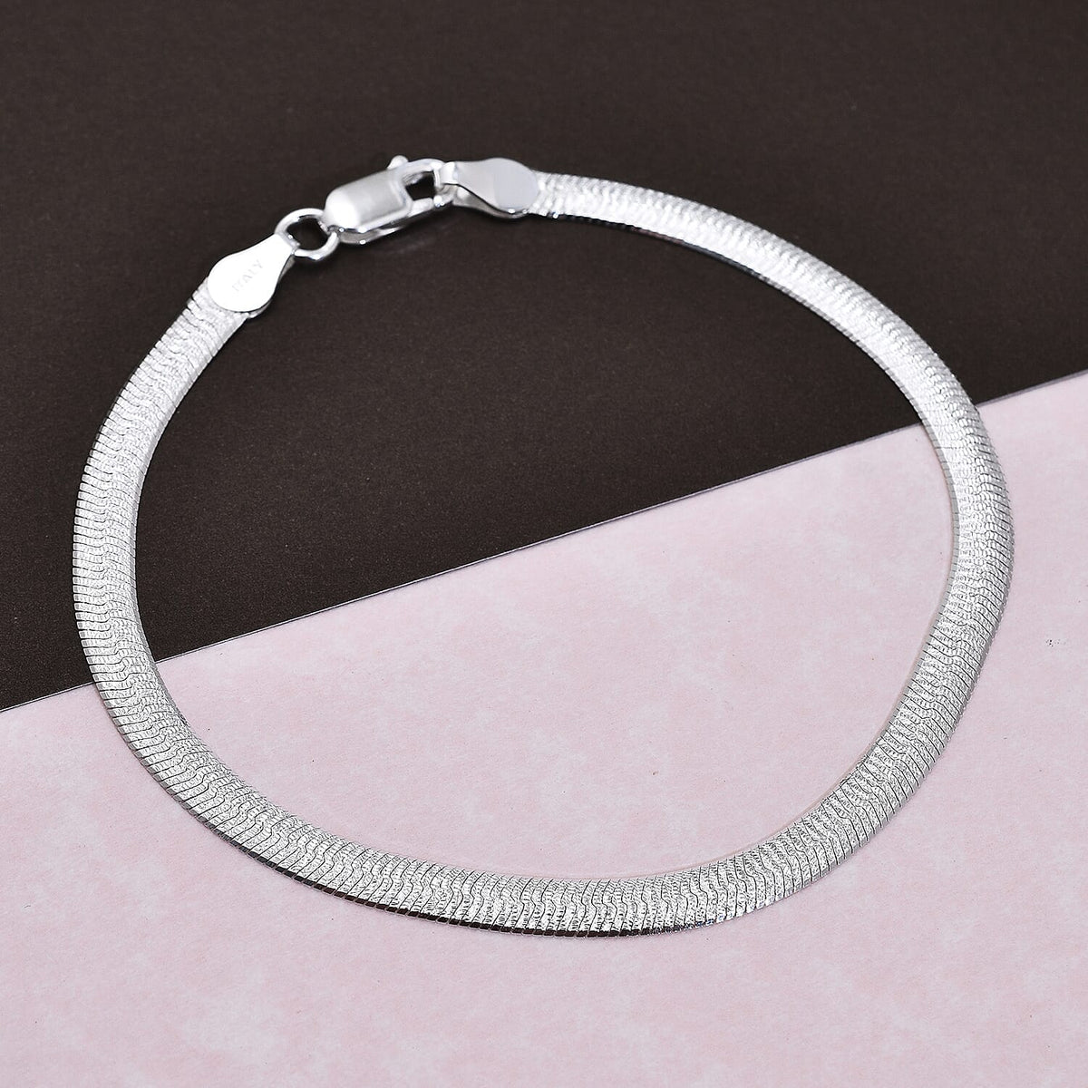 Italian Made - Rhodium Overlay Sterling Silver Herringbone Bracelet (Size - 7.5) with Lobster Clasp 7272131 1