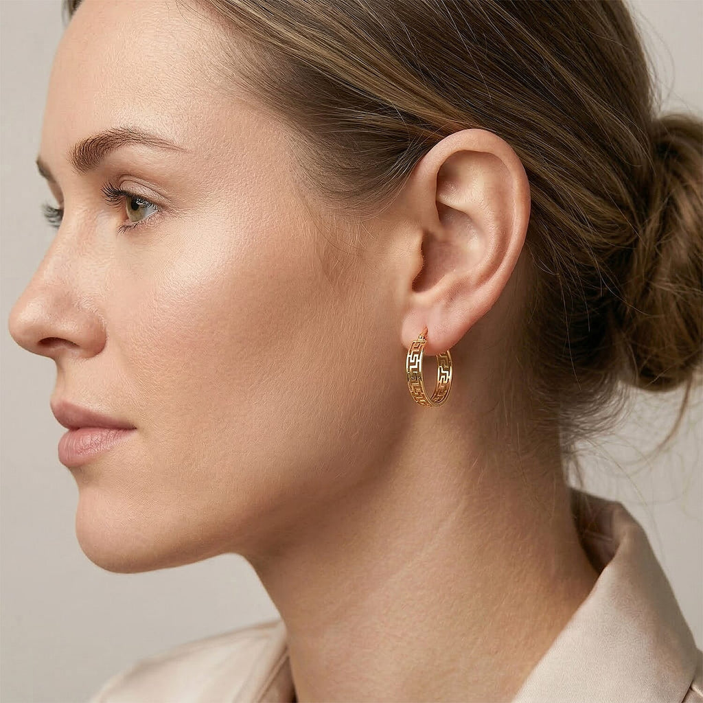 Greek Key Hoop Earring with Clasp in Yellow Gold Tone