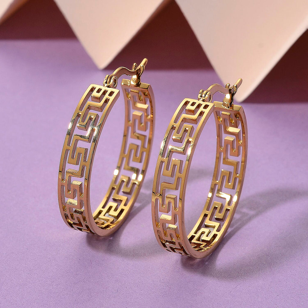 Greek Key Hoop Earring with Clasp in Yellow Gold Tone