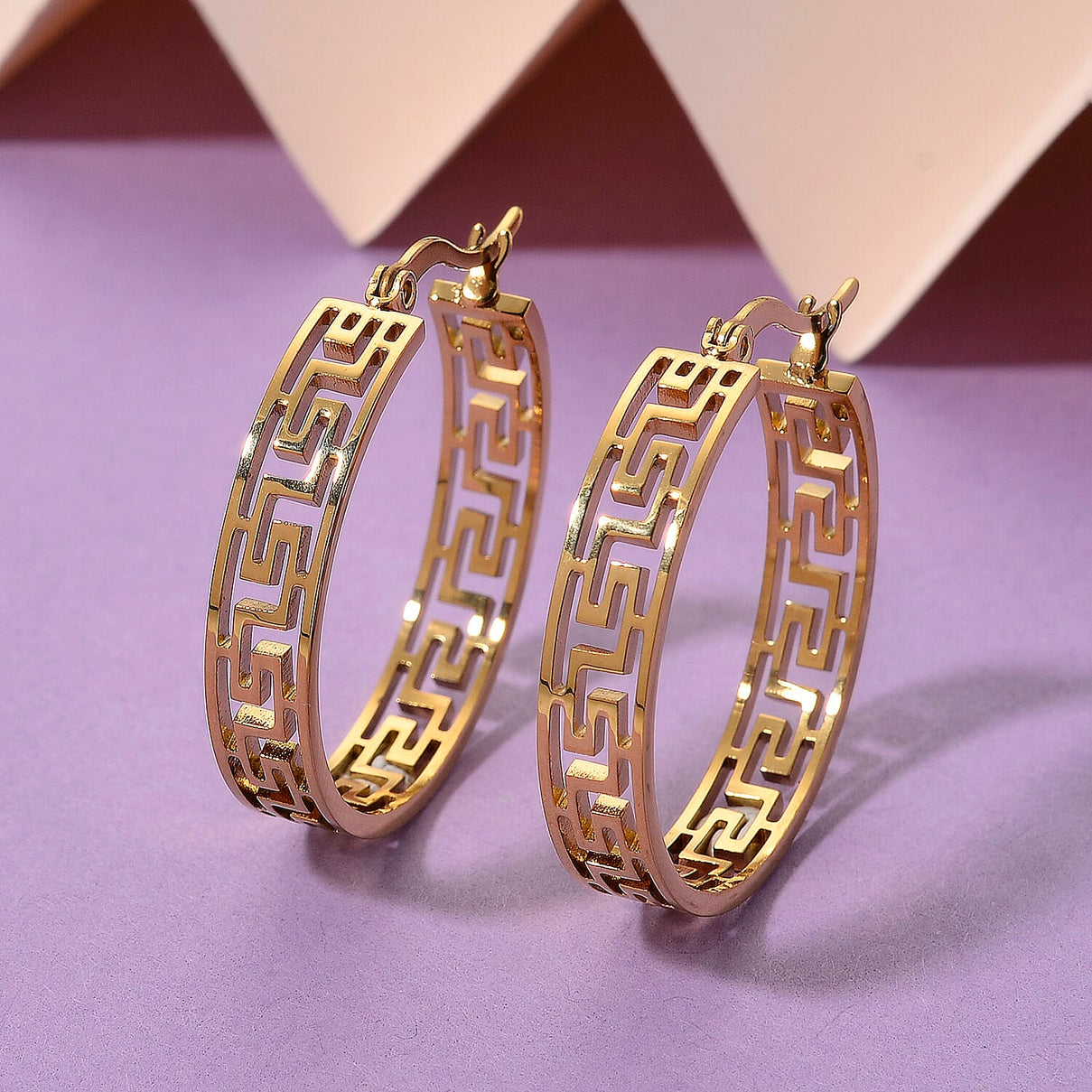 Greek Key Hoop Earring with Clasp in Yellow Gold Tone 8242370 3