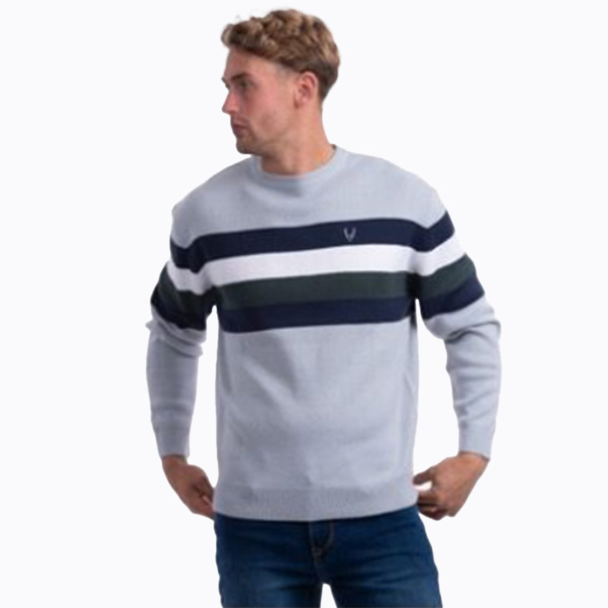 JJ Willis Acrylic Crew Neck Stripe Jumper (Size XL) - Light Grey 8301481 0