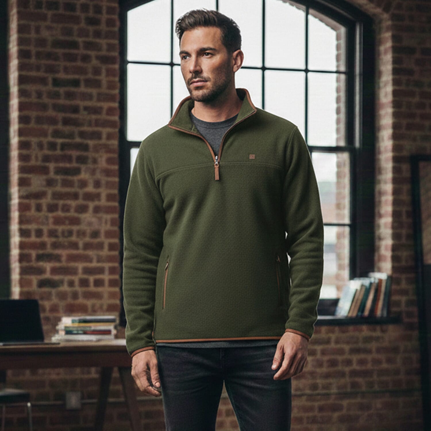 JJ Willis Quarter Zip Fleece Jacket With Contrast Tipping (Size M) - Olive 8289309 0