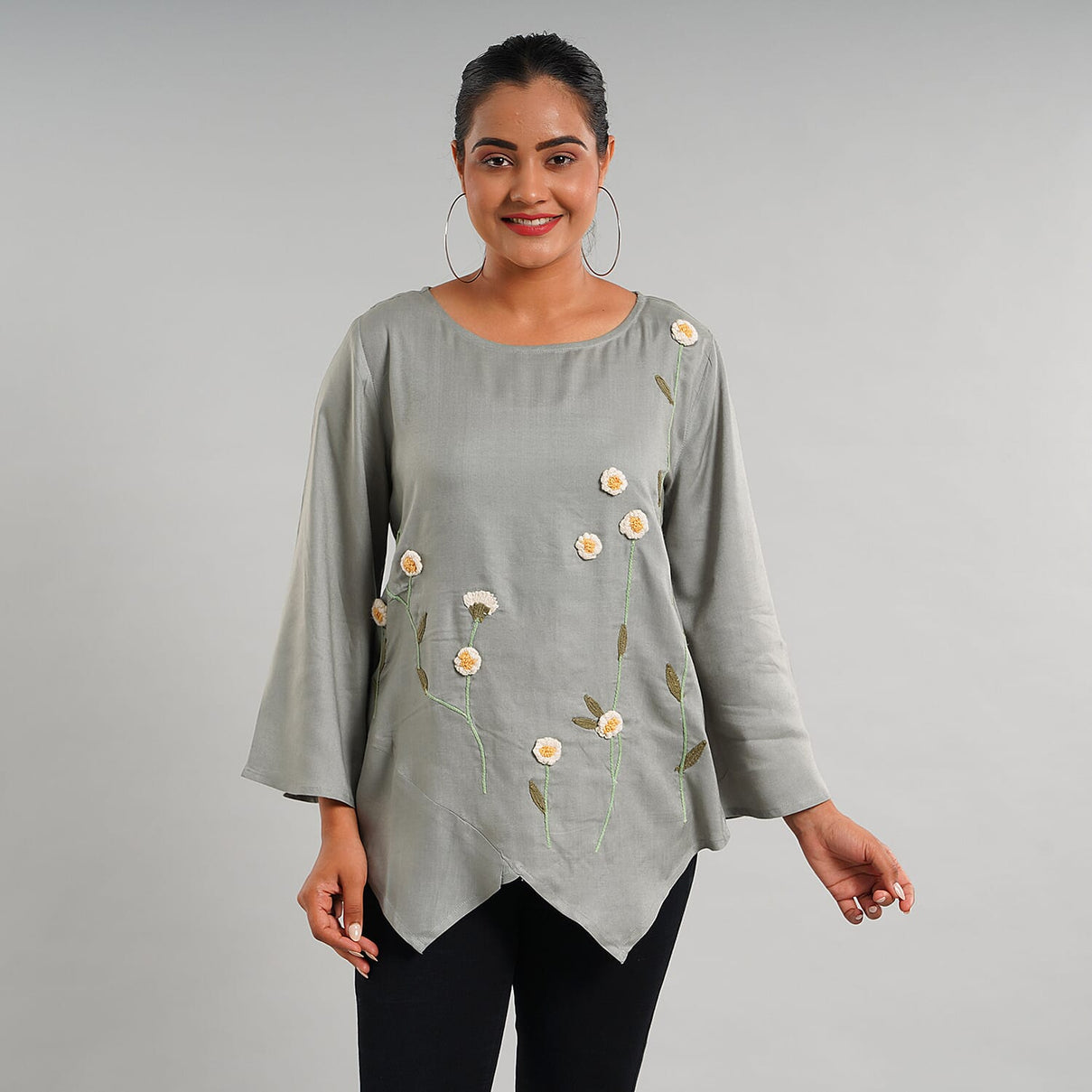 JOVIE 100% Viscose Floral Embroidery Women Kimono Top- Light Grey 6288433 0