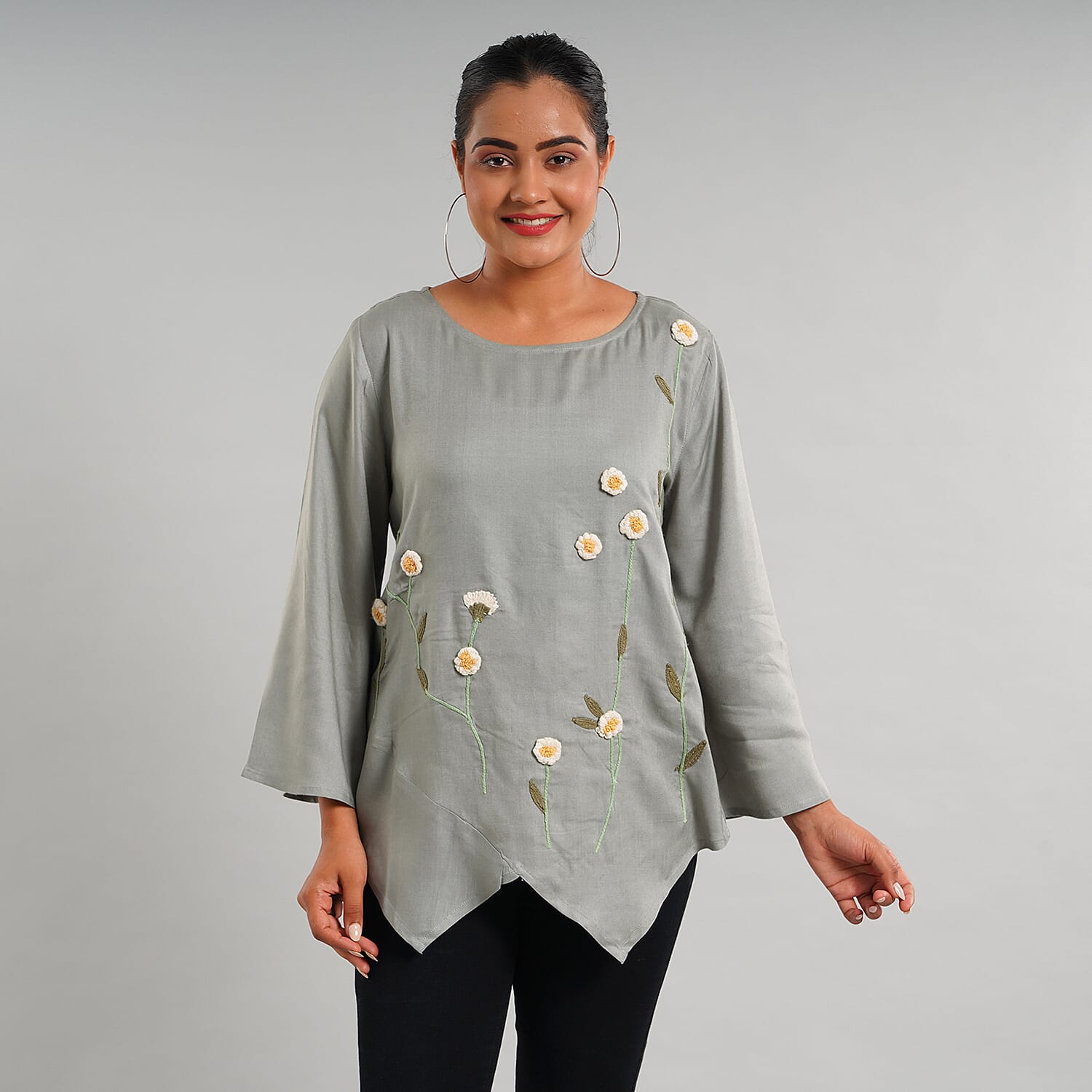 JOVIE 100% Viscose Floral Embroidery Women Kimono Top- Light Grey 6288433 0