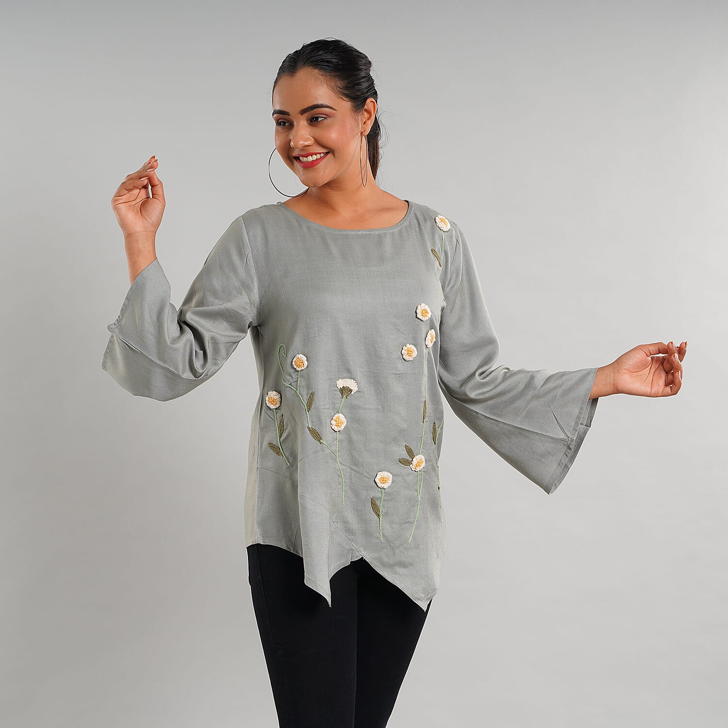 JOVIE 100% Viscose Floral Embroidery Women Kimono Top- Light Grey 6288433 1