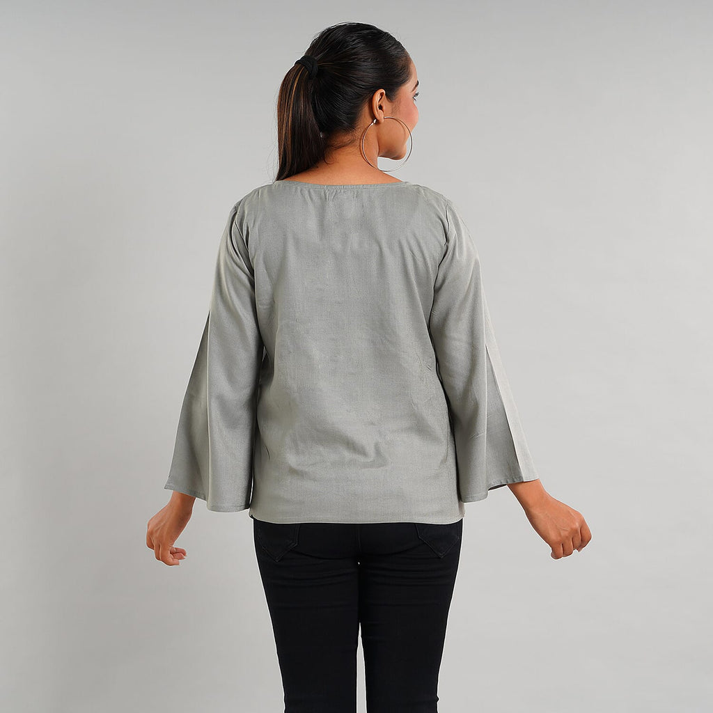 JOVIE 100% Viscose Floral Embroidery Women Top (Size 8-16 ) - Light Grey