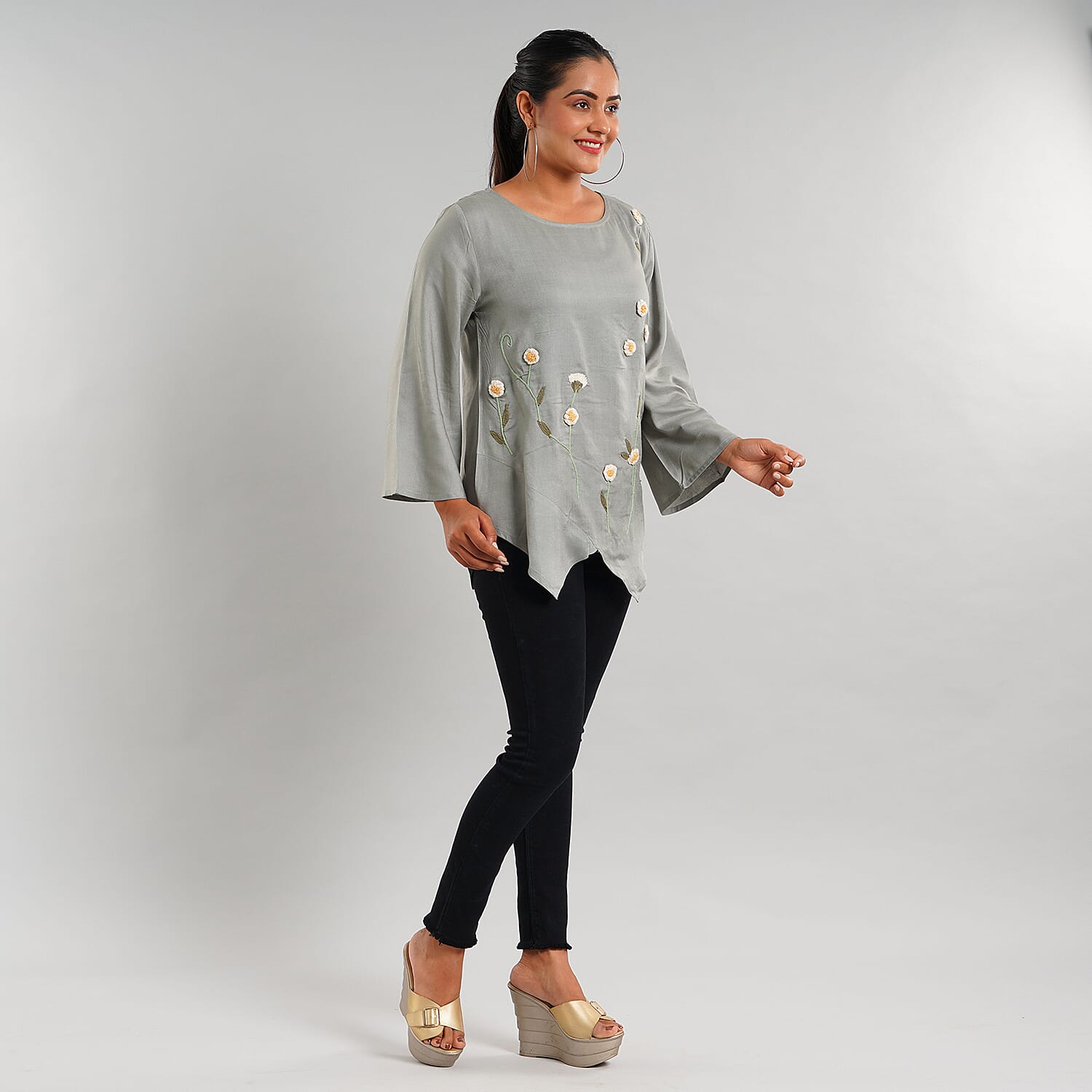 JOVIE 100% Viscose Floral Embroidery Women Kimono Top- Light Grey 6288433 3