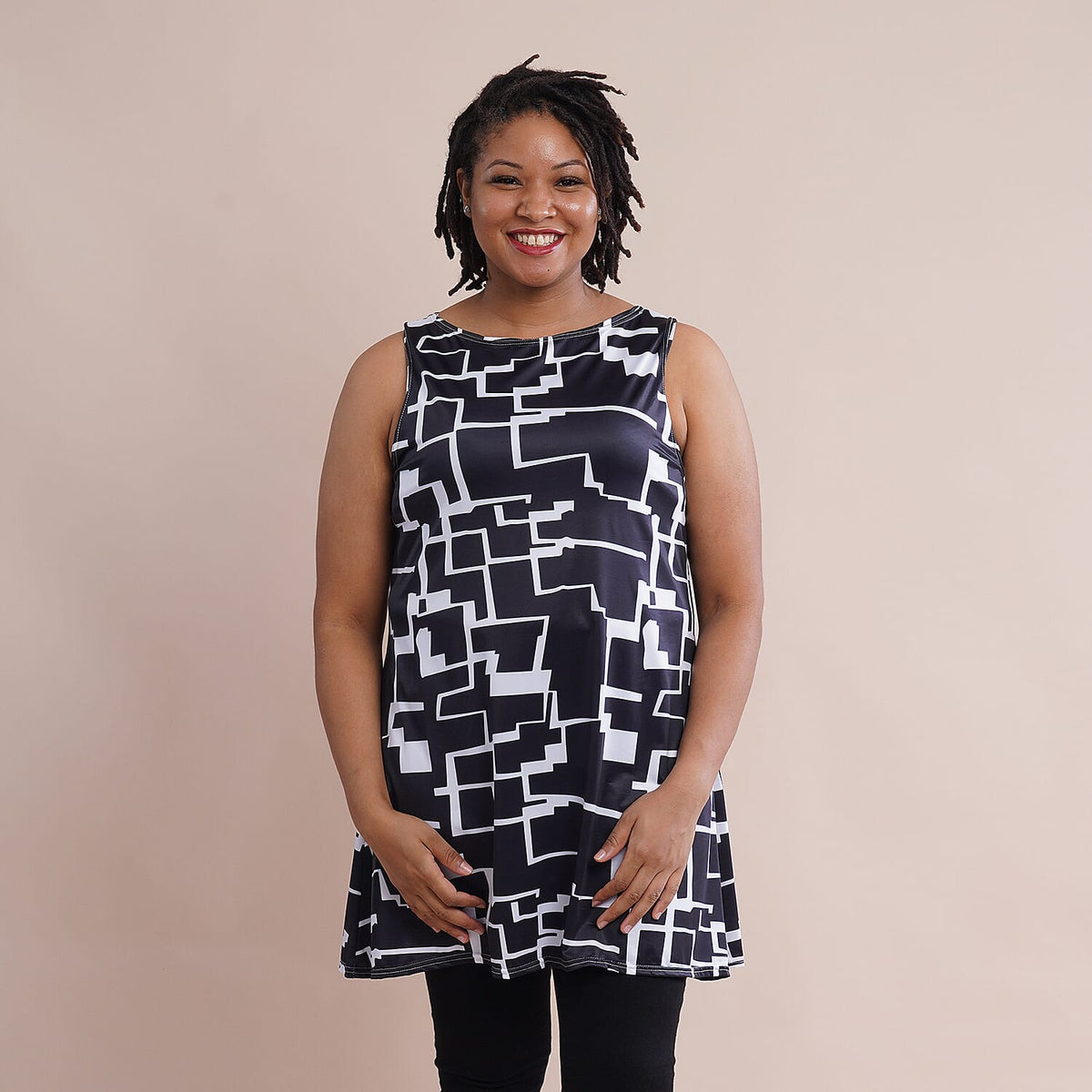 JOVIE Abstract Pattern Sleeveless A-Line Women Tunic Black and White 6284325 0