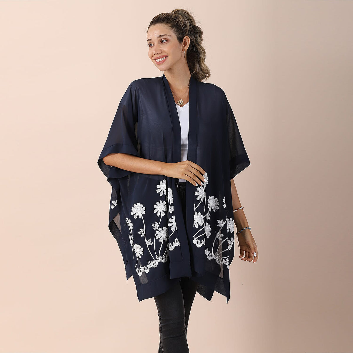 JOVIE Chiffon Embroidery Kimono - Navy 6300101 0