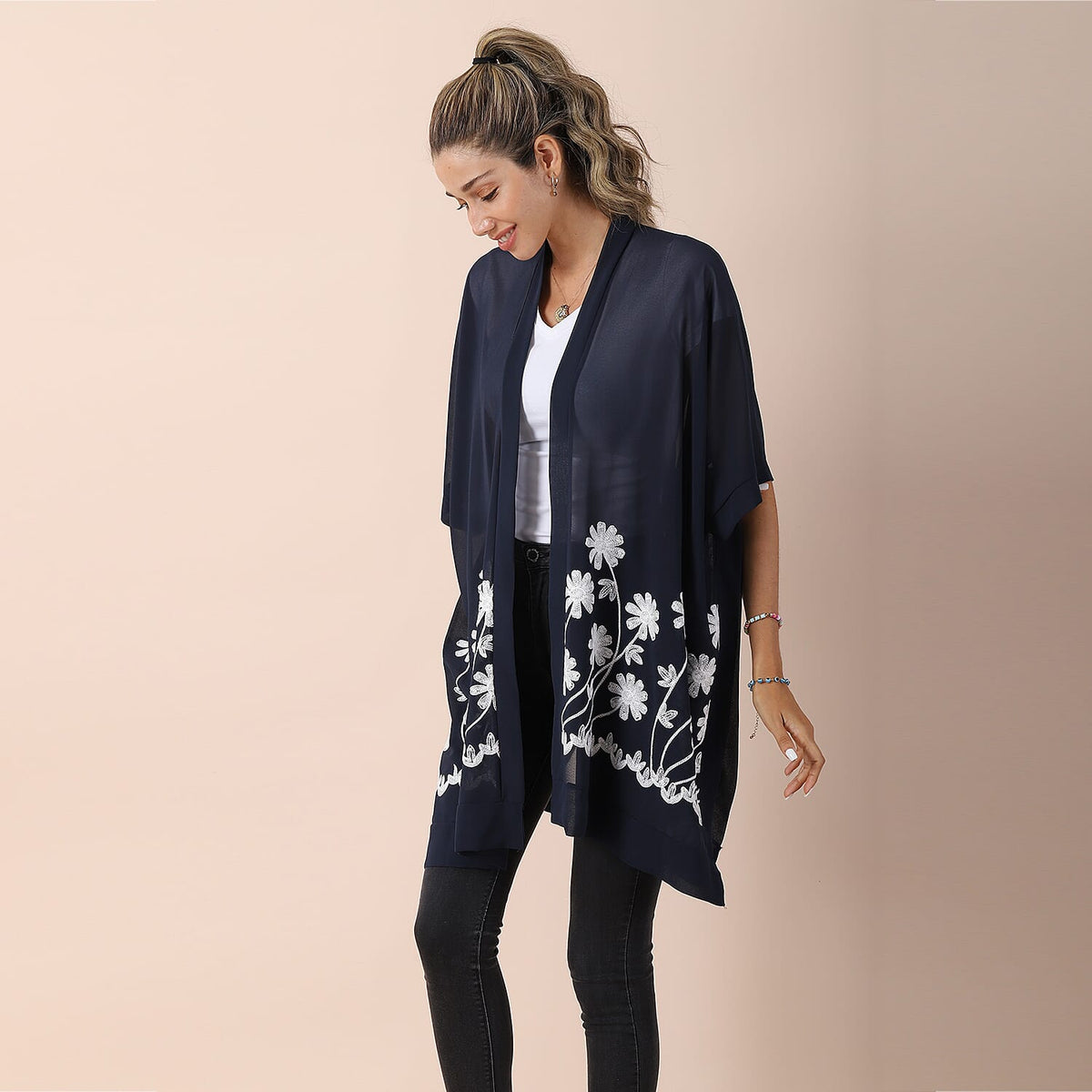 JOVIE Chiffon Embroidery Kimono - Navy 6300101 2