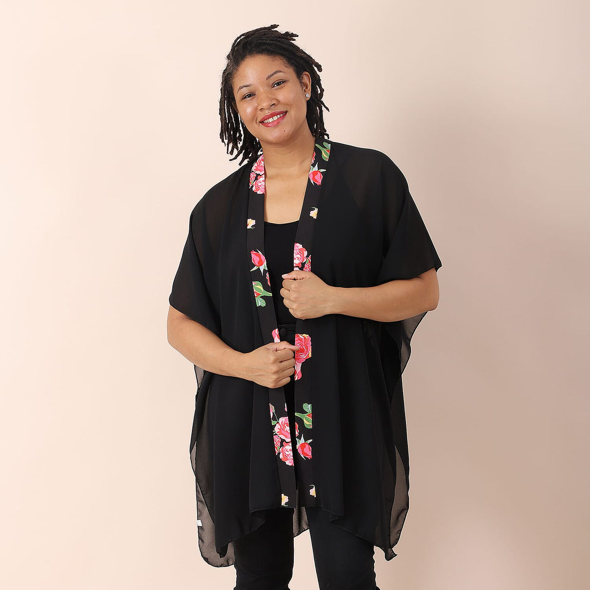 JOVIE Chiffon Kimono with Print Border in Black 6253871 0