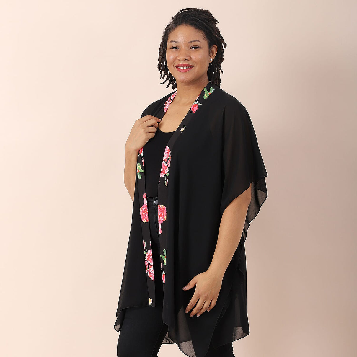JOVIE Chiffon Kimono with Print Border in Black 6253871 2