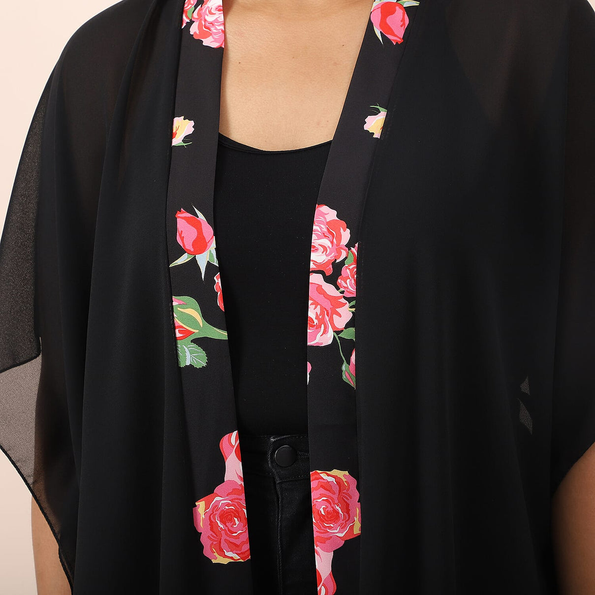 JOVIE Chiffon Kimono with Print Border in Black 6253871 3