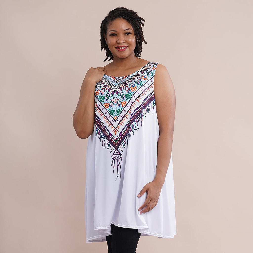 JOVIE Embroidery Print Sleeveless A-Line Women Tunic (Size-L-XL, 16-20) - White