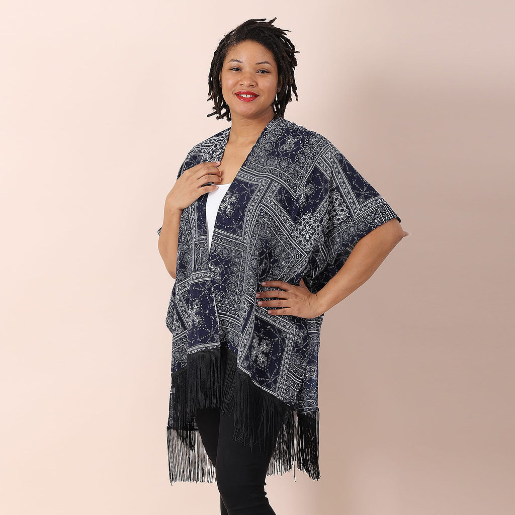 JOVIE Ethnic Pattern Women Kimono with Tassel (Size-86x70Cm) - Navy