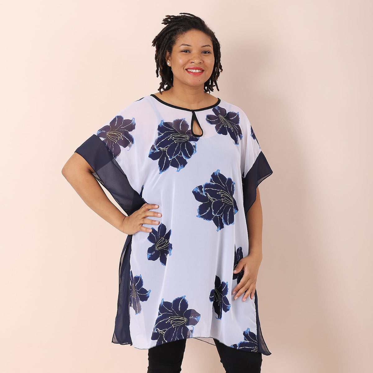 JOVIE Floral Printed Chiffon Kaftan - Navy and White 6271675 0