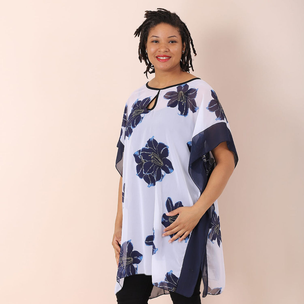 JOVIE Floral Printed Chiffon Kaftan - Navy and White 6271675 2