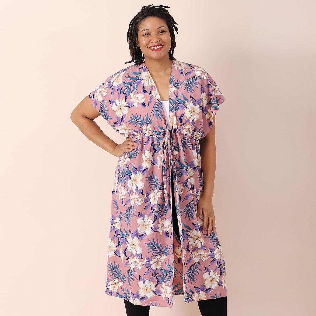 JOVIE Floral Printed Kimono Chiffon Long Kaftan with Ruffles Sleeves - Peach and Multi 6261883 2