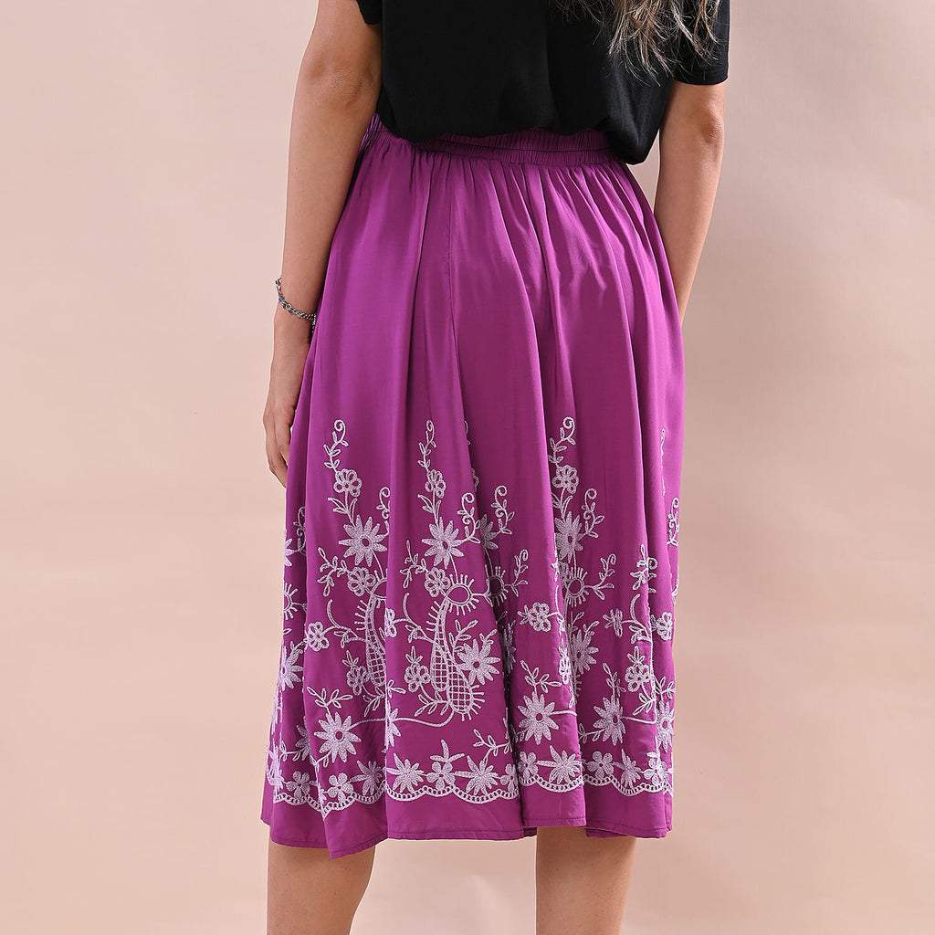 JOVIE Miss Collection 100%Viscose Embroidered Elastic Band Skirt Adorned with Floral Embroidery (Size M-L,8-16) - Purple & Light Purple