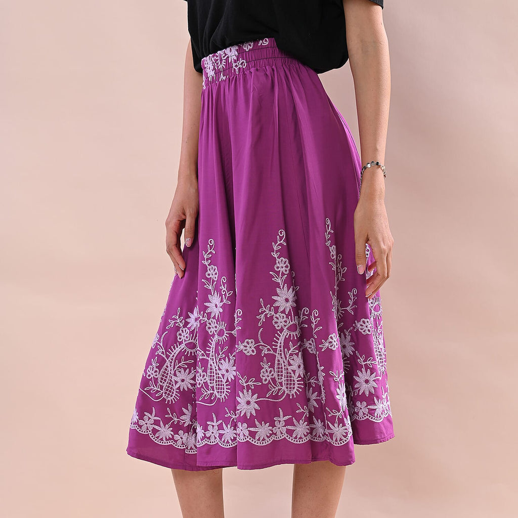 JOVIE Miss Collection 100%Viscose Embroidered Elastic Band Skirt Adorned with Floral Embroidery (Size M-L,8-16) - Purple & Light Purple