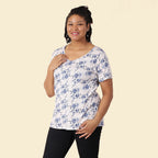 JOVIE V Neck Short Sleeved Floral Pattern Jersey Print Top (Size L - 16-18) - Beige - Blue