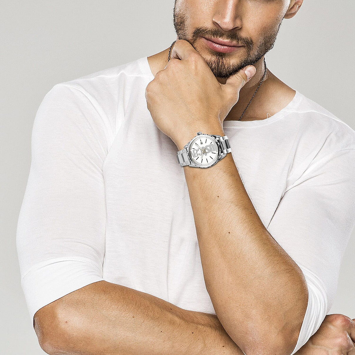 JUST CAVALLI Water Resistant White Dial Watch with Stainless Steel Chain Strap 7735533 1