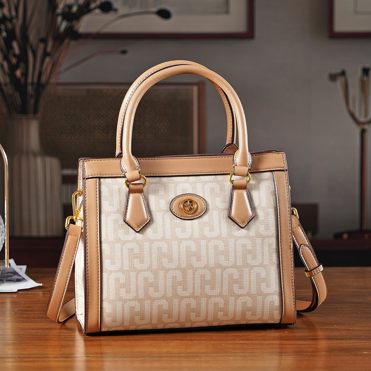 JVC Milano Monogram Mini Tote with Top Handles - Ivory &amp; Brown 8231335 2