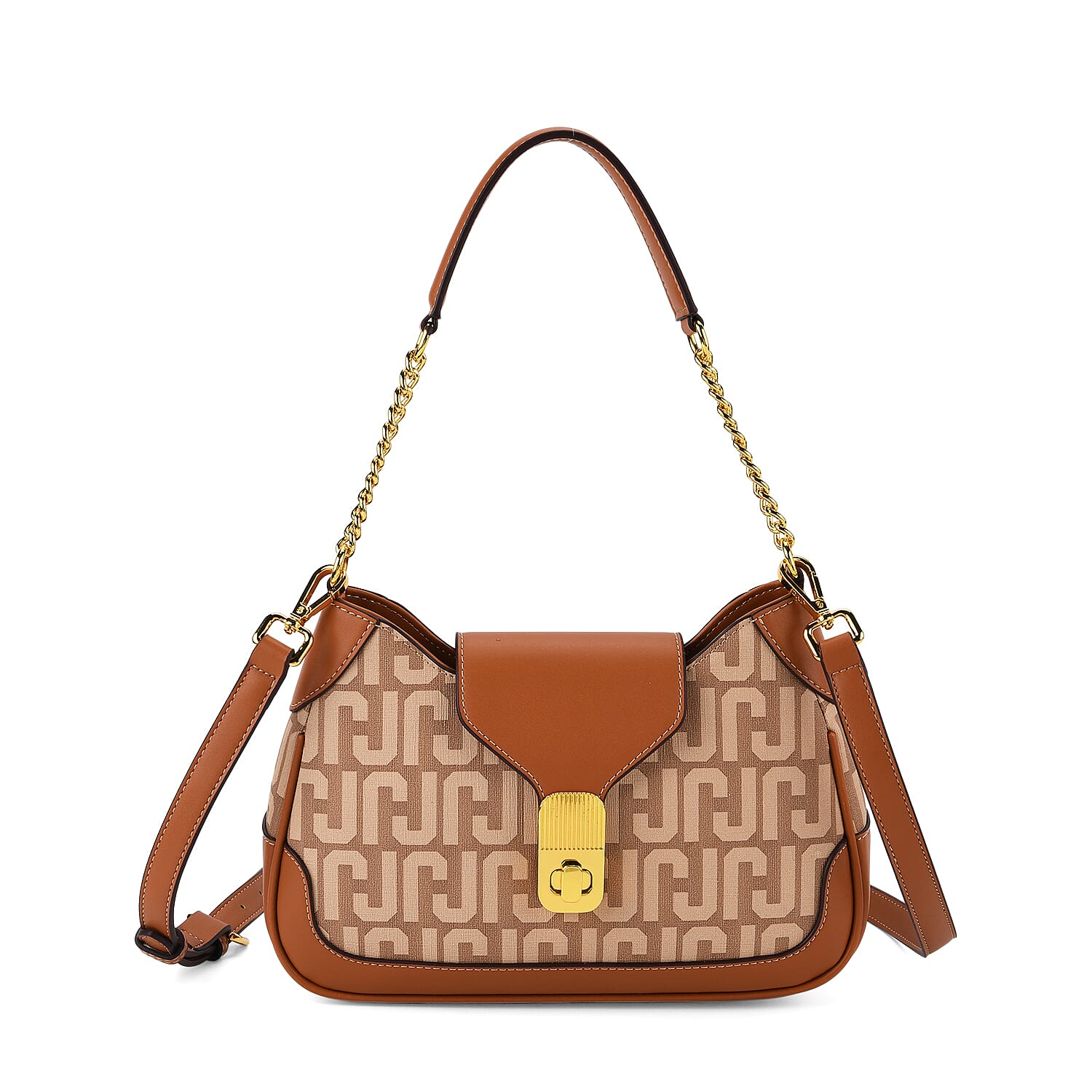 JVC- Milano Style Structured Saddle Bag with Flap Lock &amp; Shoulder Strap (100 cm) - Tan &amp; Beige V32366666 0