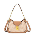 JVC- Milano Style Structured Saddle Bag with Flap Lock & Shoulder Strap (100 cm) - Ivory & Brown