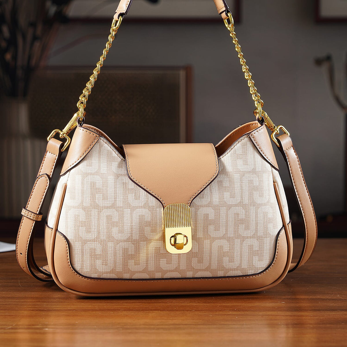 JVC- Milano Style Structured Saddle Bag with Flap Lock &amp; Shoulder Strap (100 cm) - Ivory &amp; Brown 8231297 2