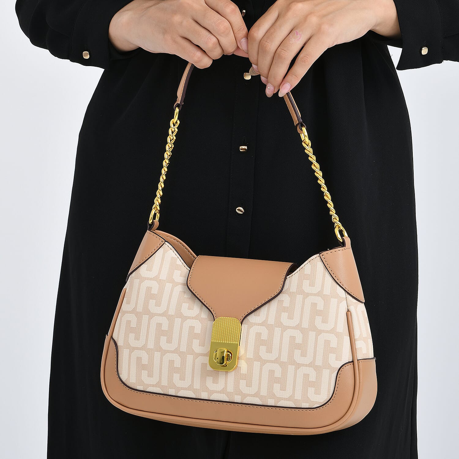 JVC- Milano Style Structured Saddle Bag with Flap Lock &amp; Shoulder Strap (100 cm) - Ivory &amp; Brown V32357625 4