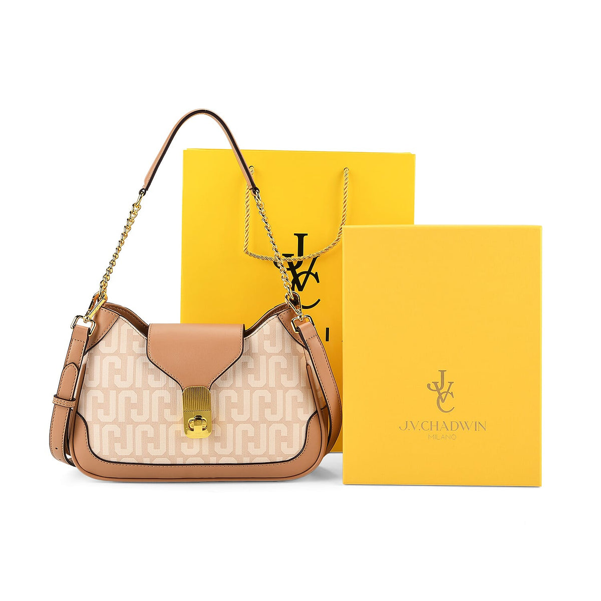 JVC- Milano Style Structured Saddle Bag with Flap Lock &amp; Shoulder Strap (100 cm) - Ivory &amp; Brown 8231297 8