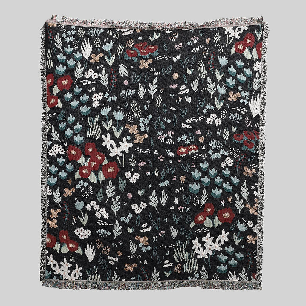 Jacquard Woven Floral Printed Throw with Fringes (Size 150x126Cm) - Black, Sky Blue and Multi