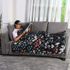 Jacquard Woven Floral Printed Throw with Fringes (Size 150x126Cm) - Black, Sky Blue and Multi