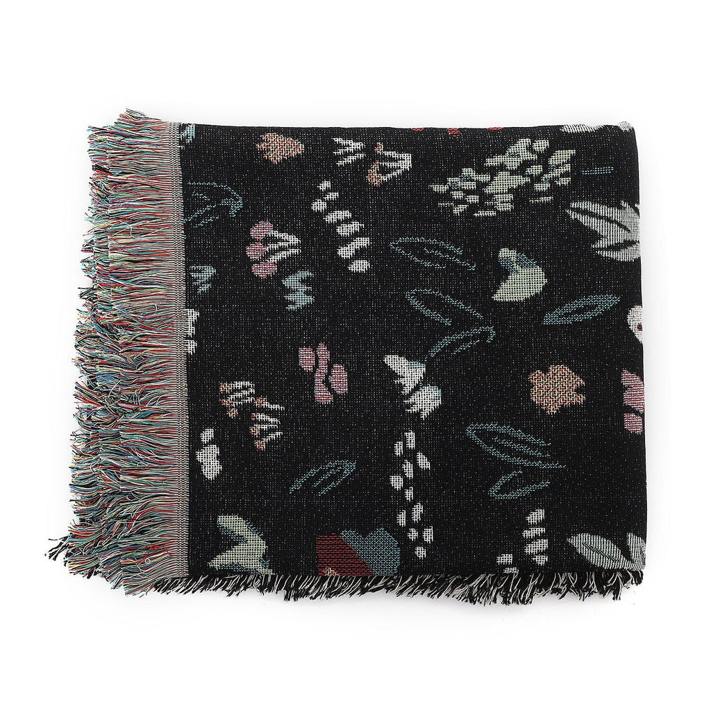 Jacquard Woven Floral Printed Throw with Fringes (Size 150x126Cm) - Black, Sky Blue and Multi