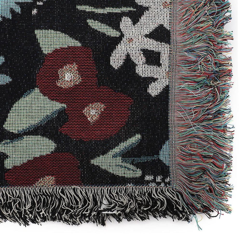Jacquard Woven Floral Printed Throw with Fringes (Size 150x126Cm) - Black, Sky Blue and Multi