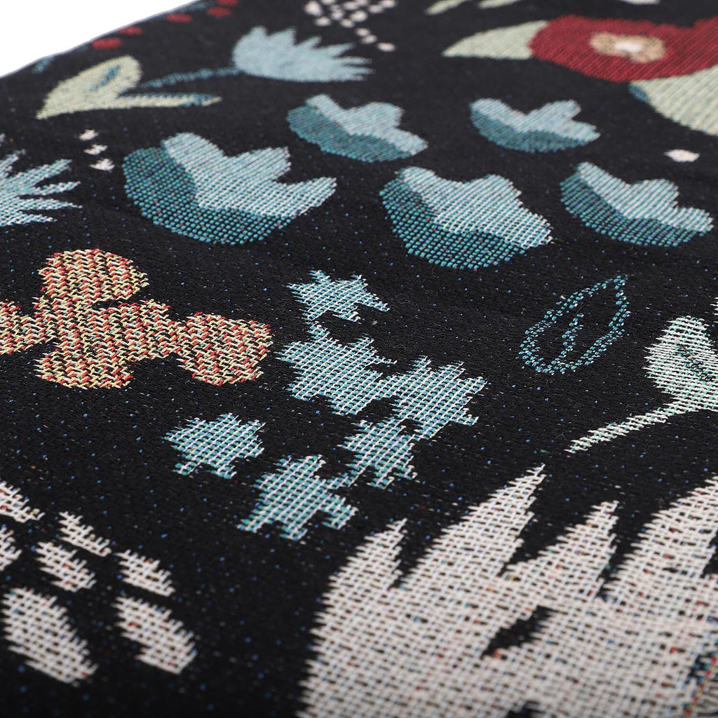Jacquard Woven Floral Printed Throw with Fringes (Size 150x126Cm) - Black, Sky Blue and Multi