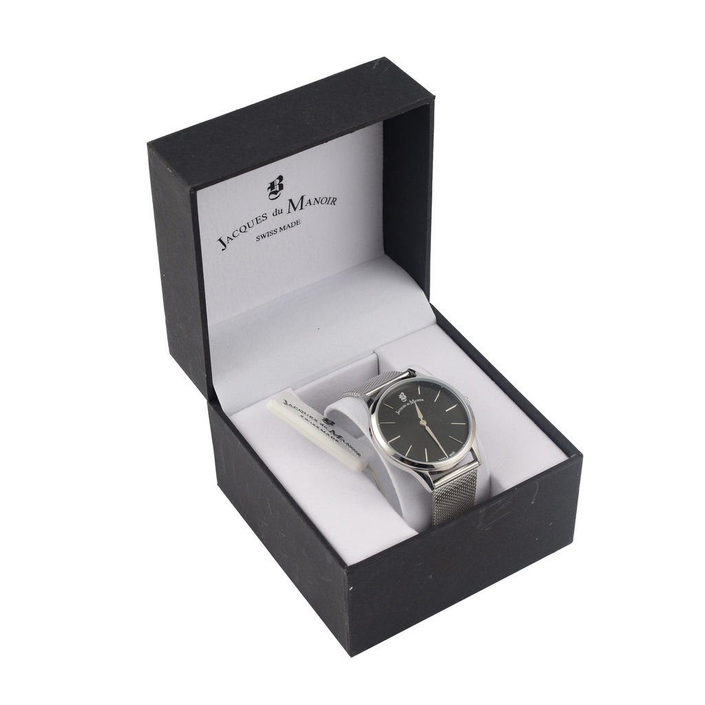 Jacques Du Manoir Emotion Swiss Movement Black Dial Water Resistant Watch with Milanese Bracelet Strap in Stainless Steel