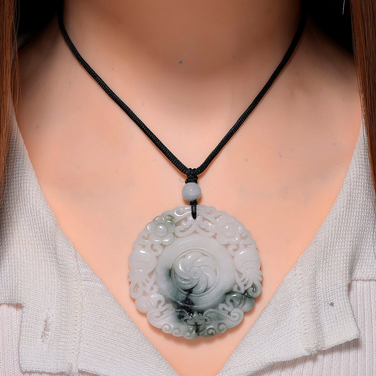 Natural White Jade Carved Floral Necklace With Cotton Cord 185 Ct. 8112185 2