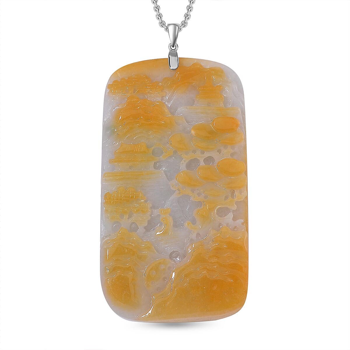 First Time Ever - Natural Type A Bi Colour Shan Shui Jadeite Carved Pendant With Chain (Size 20) in Rhodium Overlay Sterling Silver 289.0 Ct. 4317344 0