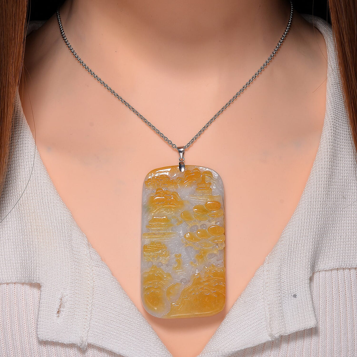 First Time Ever - Natural Type A Bi Colour Shan Shui Jadeite Carved Pendant With Chain (Size 20) in Rhodium Overlay Sterling Silver 289.0 Ct. 4317344 1