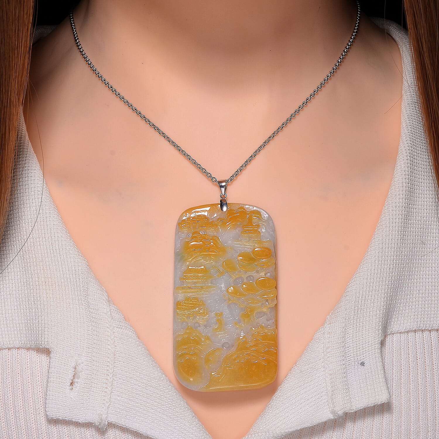 First Time Ever - Natural Type A Bi Colour Shan Shui Jadeite Carved Pendant With Chain (Size 20) in Rhodium Overlay Sterling Silver 289.0 Ct. 4317344 1